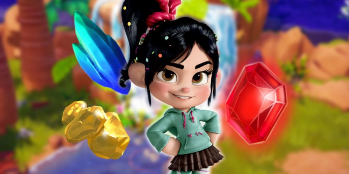 Vanellope grinning with gems around her in disney dreamlight valley