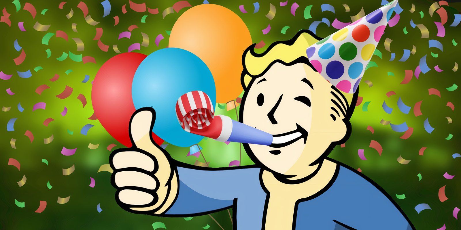 Vault Boy from Fallout with Party Hat, Horn, and Confetti