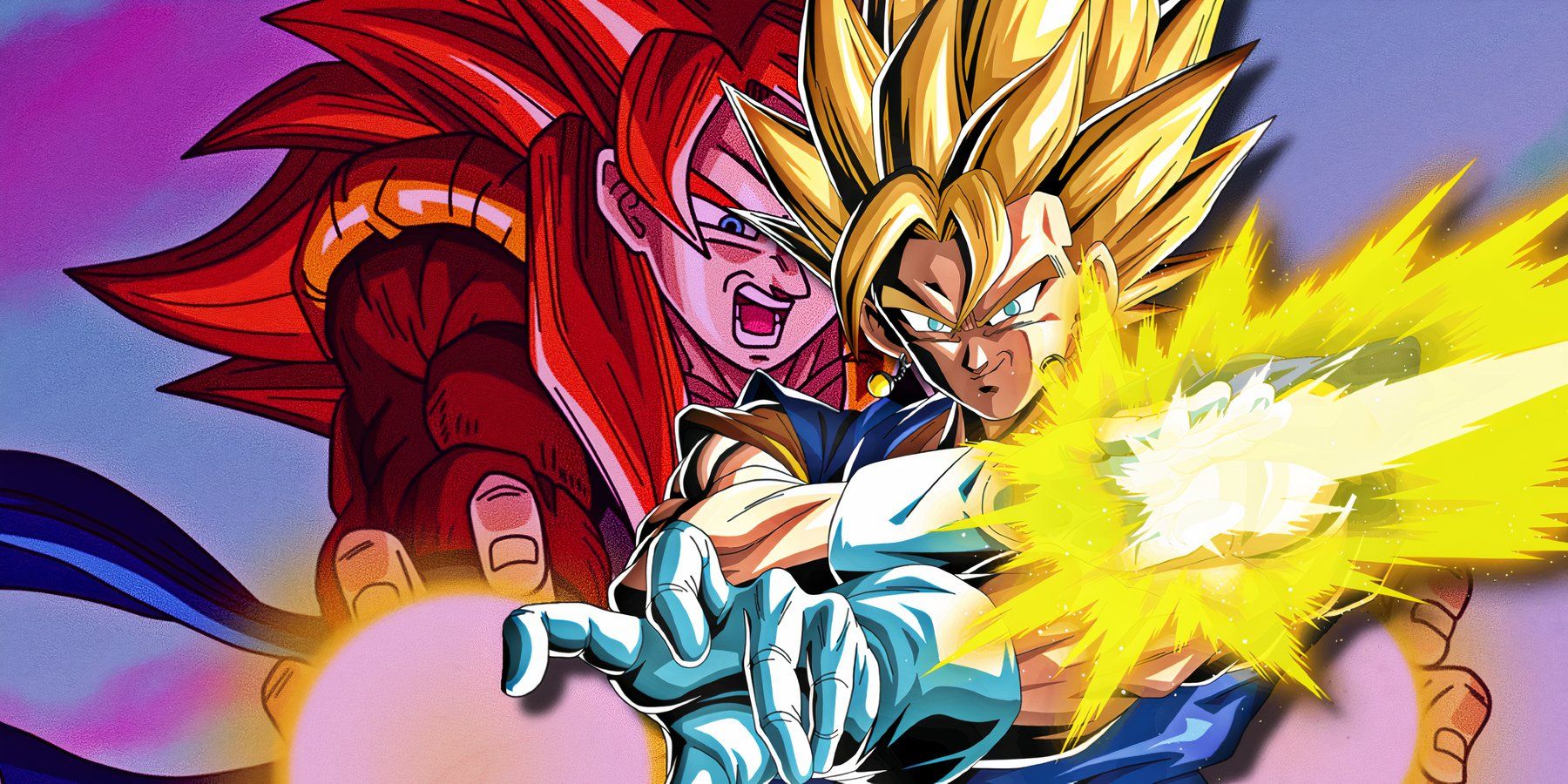 Super Vegito using his Spirit Sword in front of a shot of Super Saiyan 4 Gogeta from Dragon Ball GT.