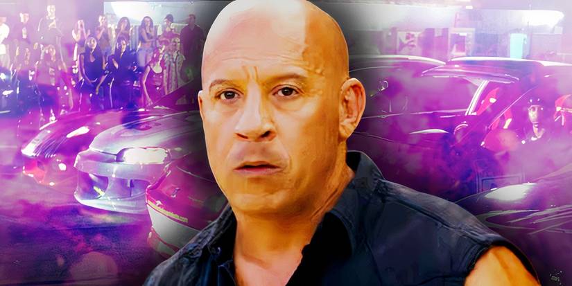 Vin Diesel in front of a pink background featuring a street race
