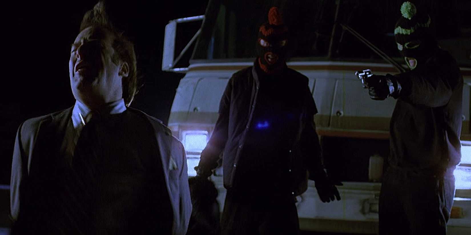 Walt and Jesse hold Saul at gunpoint in the desert in Breaking Bad