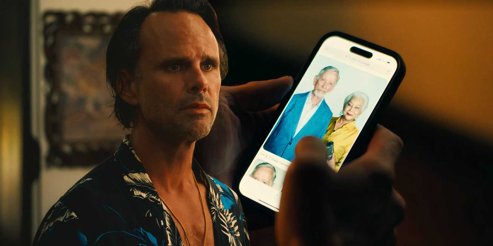Walton Goggins as Rick in The White Lotus season 3 next to a phone showing a picture of Jim and Sritala