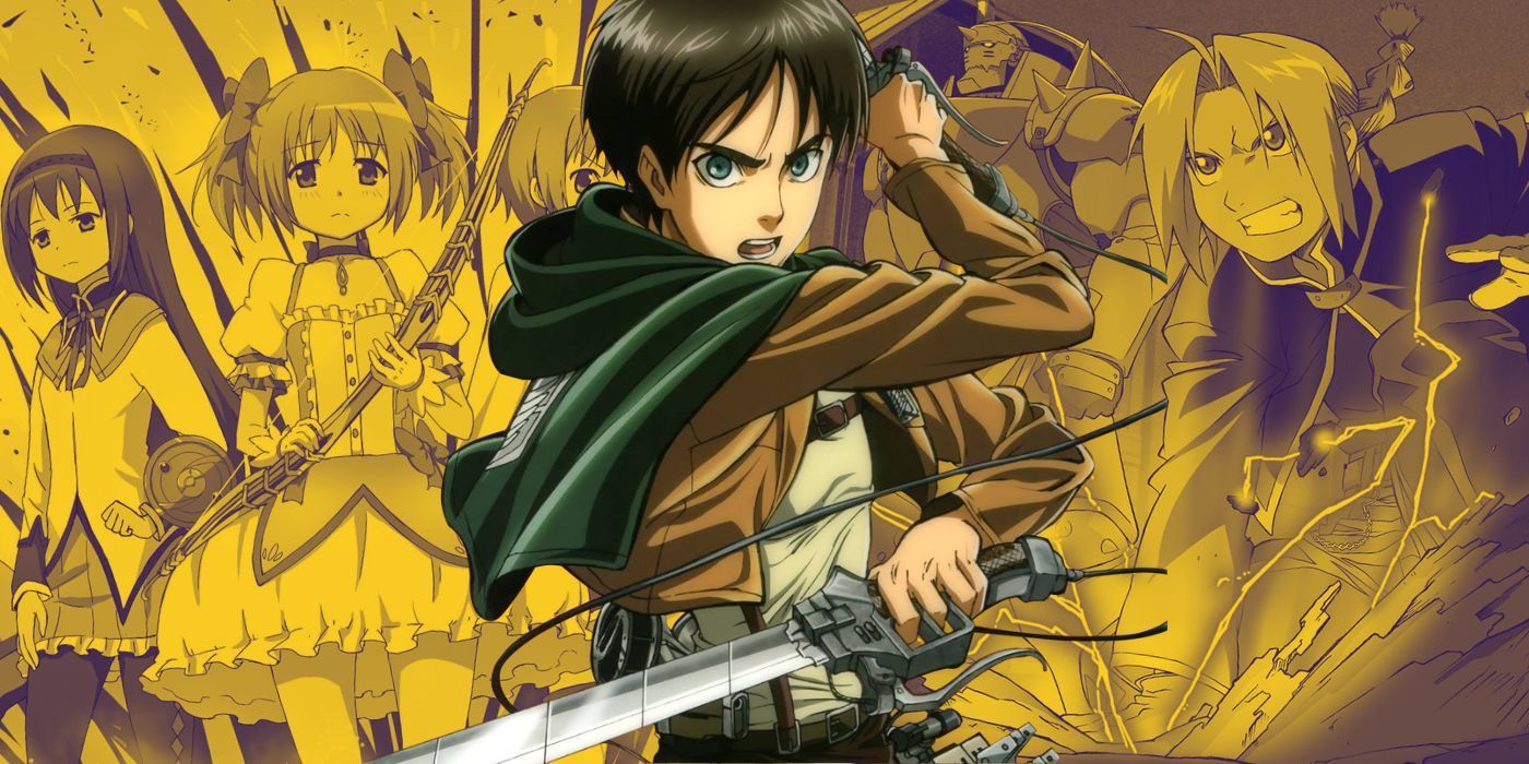 Madoka Magika and Fullmetal Alchemist: Brotherhood posters behind Eren from Attack on Titan