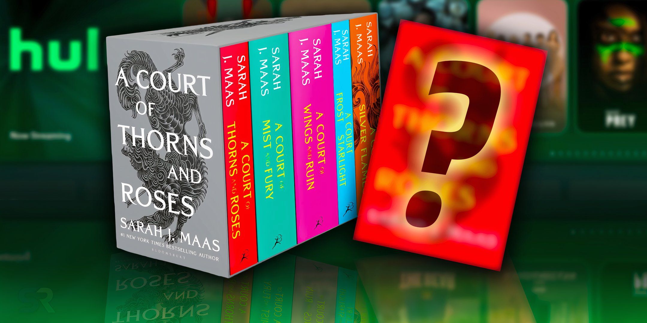 A custom image of the ACOTAR series with a sixth mystery book and the Hulu front page background. 