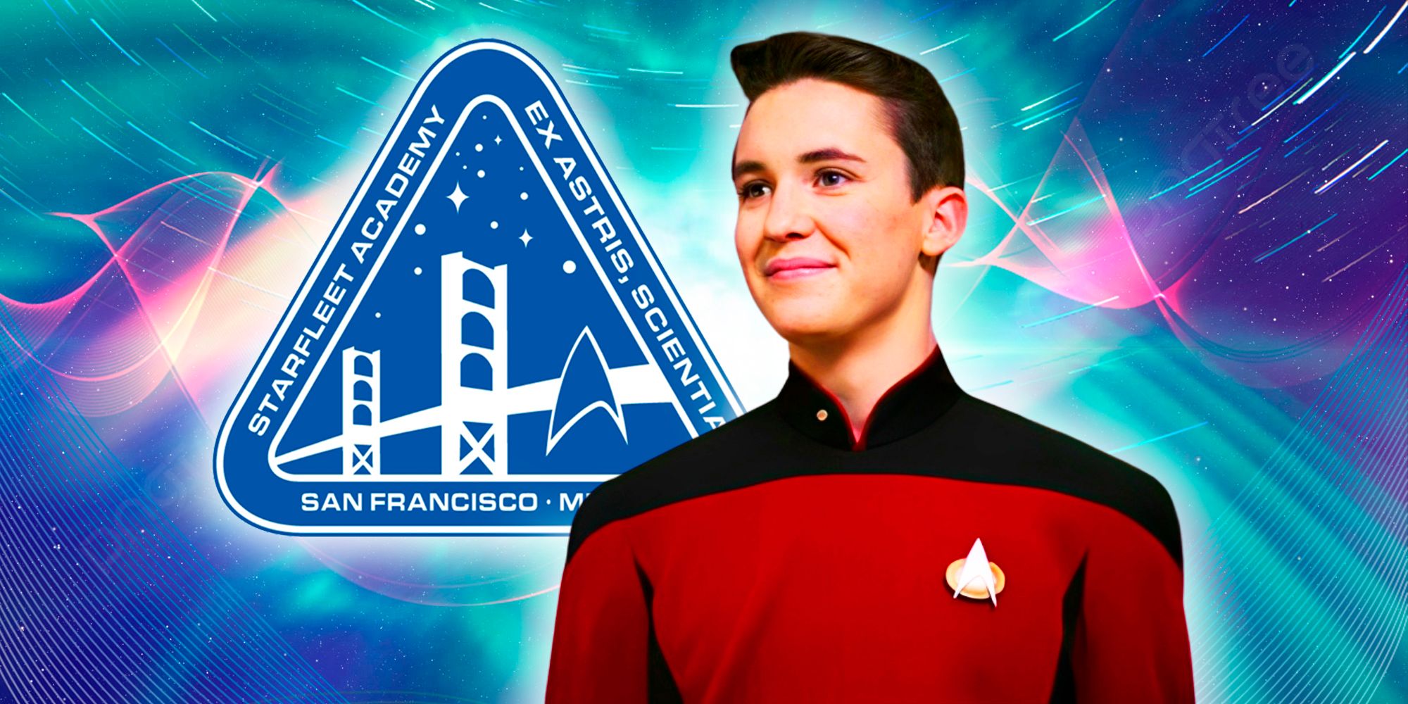 Wesley Crusher (Wil Wheaton) dans Star Trek Tng, avec le logo de la Starfleet Academy