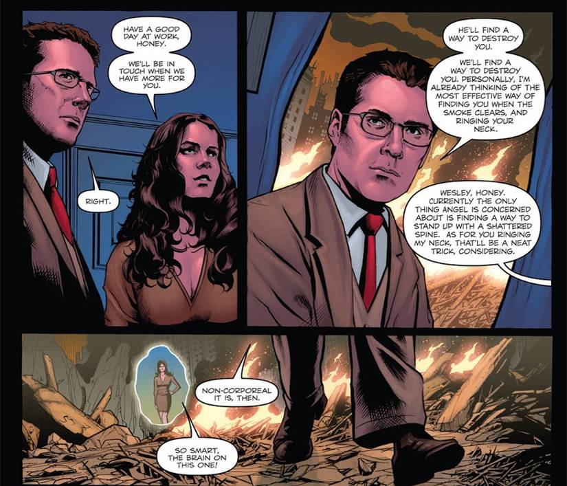 Wesley Wyndam-Pryce warns Wolfram & Hart's fake Fred that Angel Investigations will beat them in Angel After the Fall #7