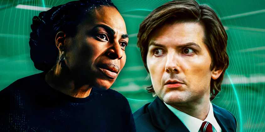 Reghabi and Mark both looking shocked in Severance season 1 (2022) on a green background depicting wavelengths