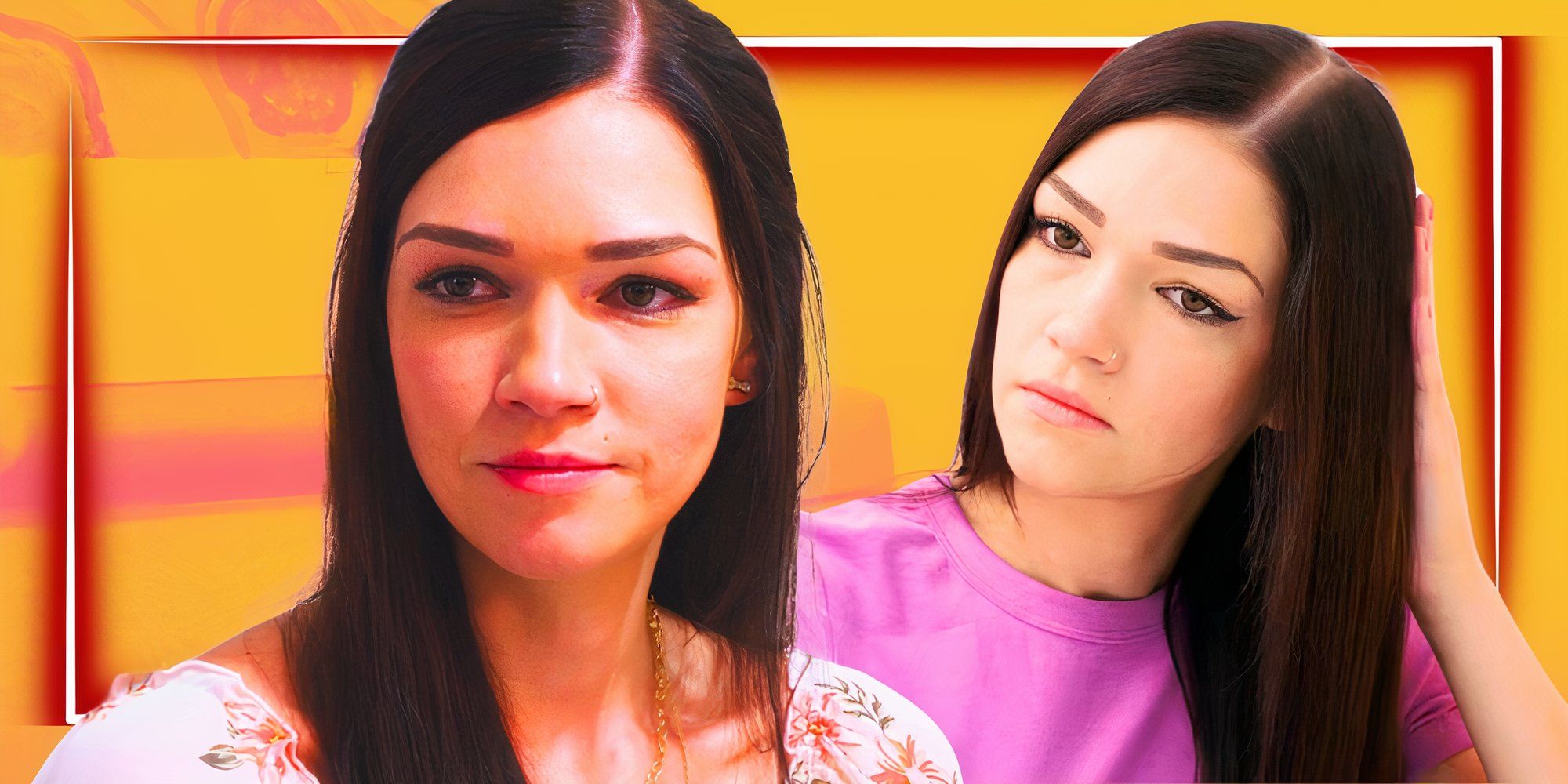 Amanda Wilhelm 90 Day Fiancé with serious expressions in yellow background