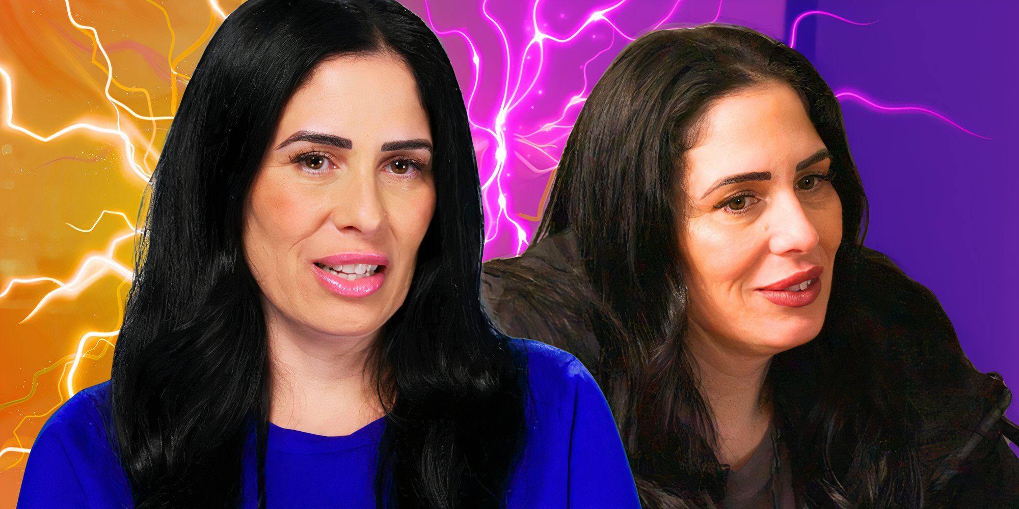 Joanne DiGesu 90 Day Fiance The Other Way in blue smiling with lightning in background