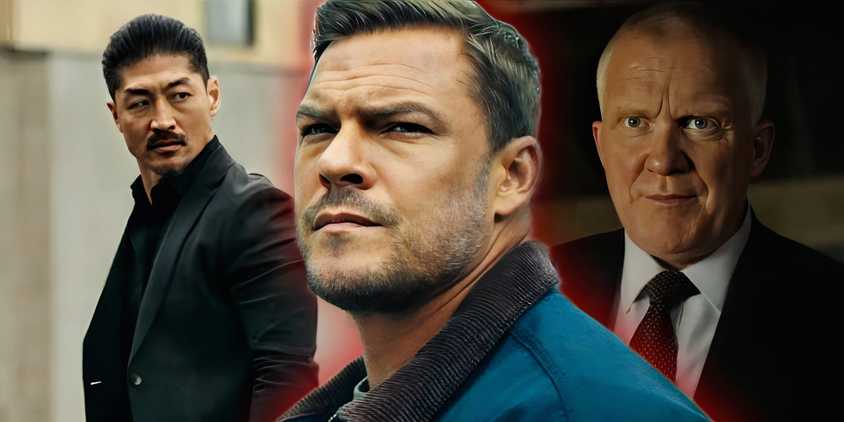 Brian Tee as Quinn, Alan Ritchson as Jack Reacher, and Anthony Michael Hall as Zachary Beck in Reacher season 3