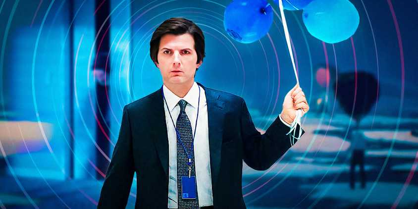 Adam Scott as Mark Scout holding balloons in Severance