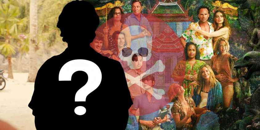 The poster for The White Lotus season 3 (2025) behind a skull and crossbones and a blacked-out mystery character