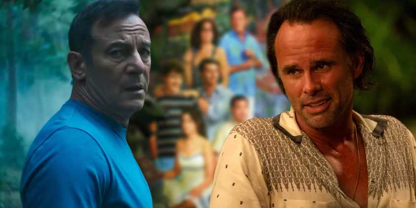 Timothy and Rick in The White Lotus season 3 above a blurred image of the show's poster