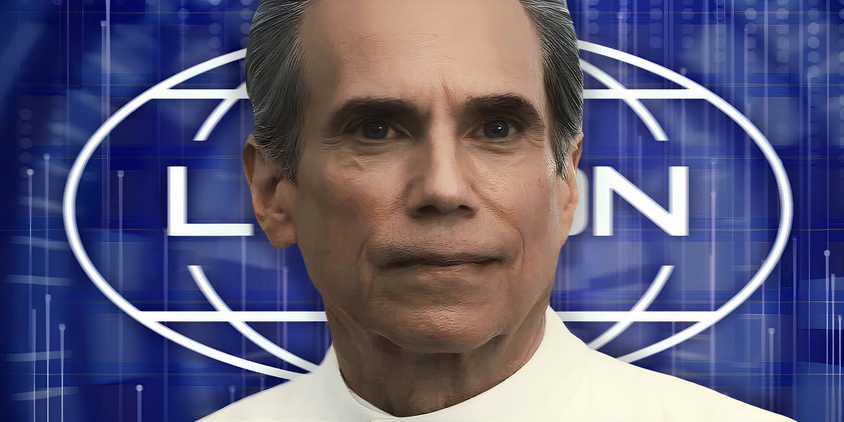 Doctor Mauer smiling menacingly above an image of the Lumon logo from Severance season 2 (2025)