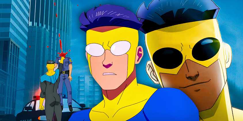 An evil variant of Mark killing a police officer and Sinister Mark smiling in Invincible season 2 (2023-2024) either side of Mark grimacing in Invincible season 3 (2025)