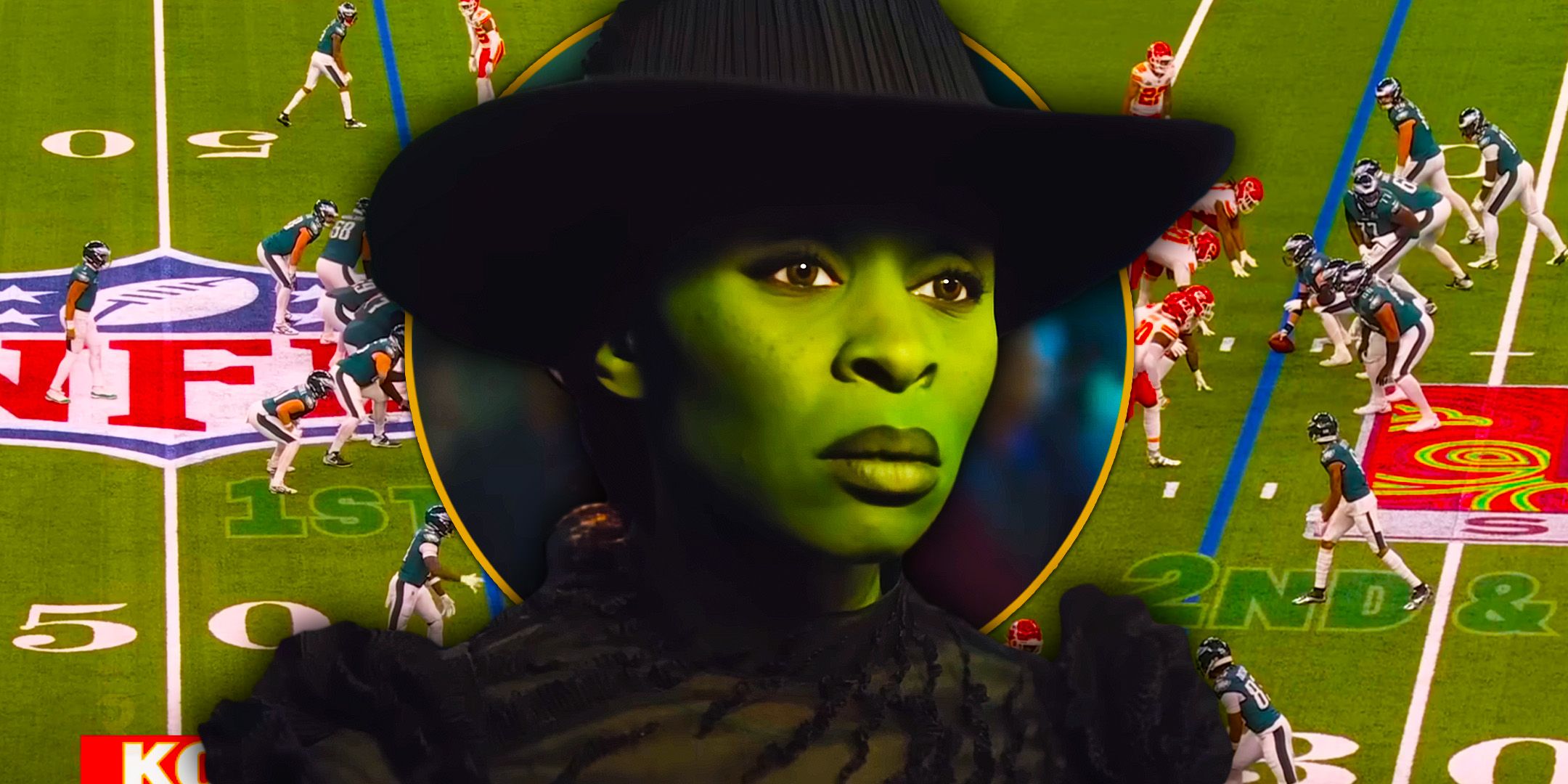 Elphaba from Wicked and the Super Bowl Field