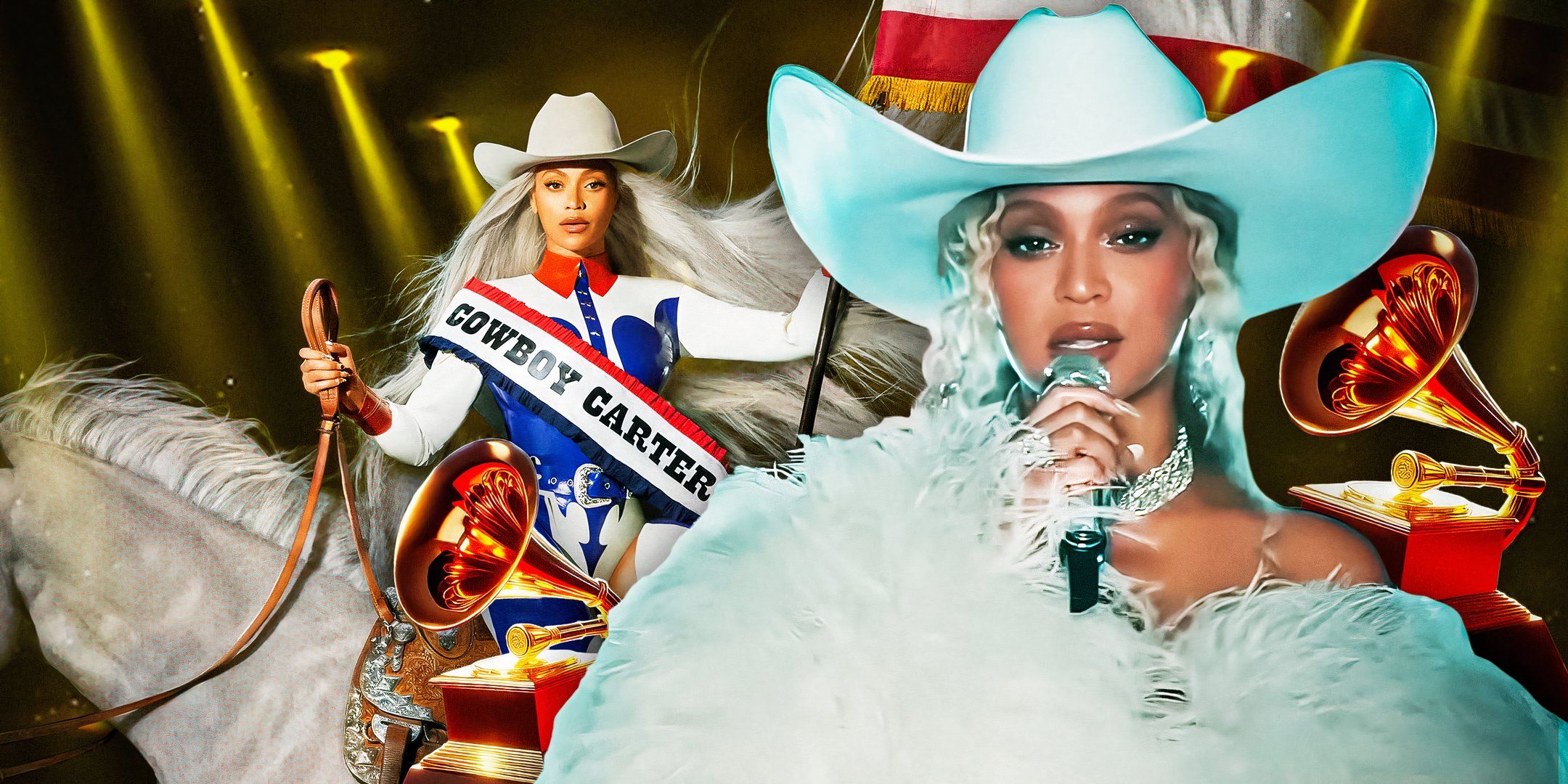 Beyoncé performs her halftime show on Christmas Day, edited over the Cowboy Carter album cover and Grammy Awards imagery.