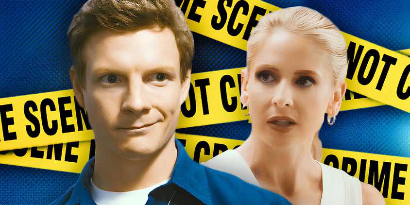 Patrick Gibson as Dexter Morgan and Sarah Michelle Gellar as Tanya Martin in Dexter: Original Sin season 1 with crime scene tape behind them
