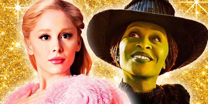 An edited image of Cynthia Erivo as Elphaba and Ariana Grande as Glinda in Wicked with a sparkling gold background.