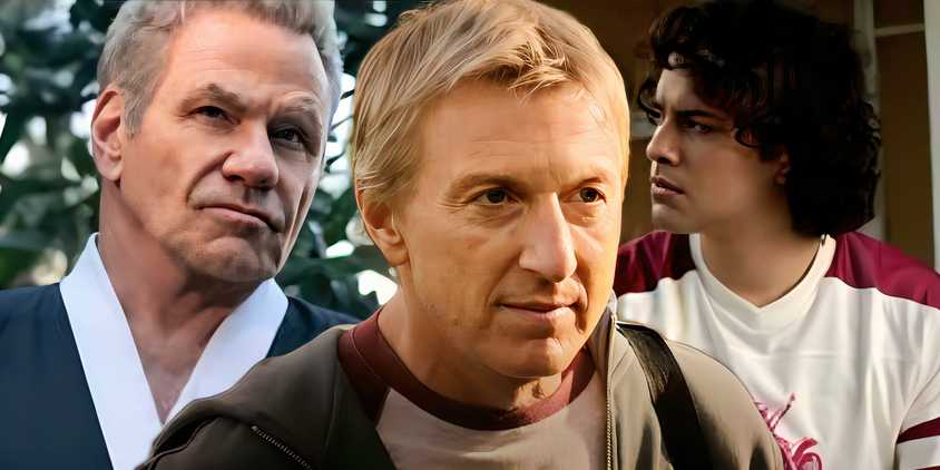 William Zabka as Johnny Lawrence, Martin Cove as John Kreese, and Xolo Maridueña as Miguel Diaz in Cobra Kai season 6 part 3