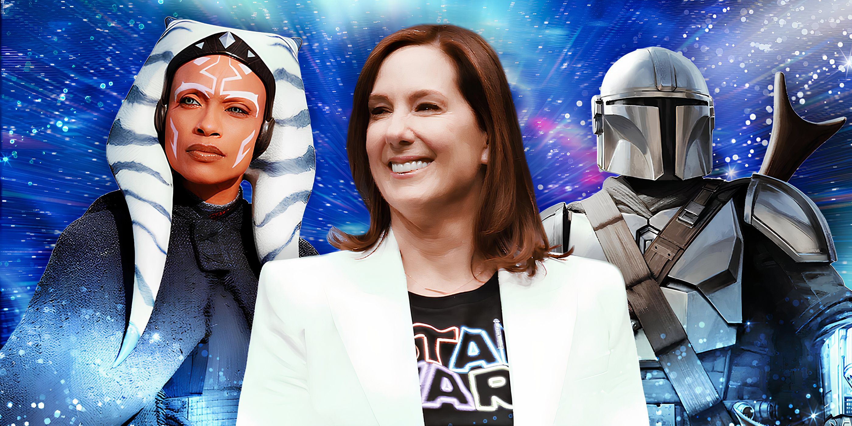 Kathleen Kennedy, Ahsoka Tano, and Din Djarin