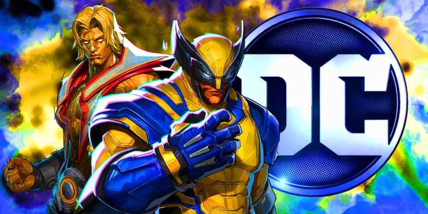 Wolverine and Adam Warlock from Marvel Rivals with the DC logo