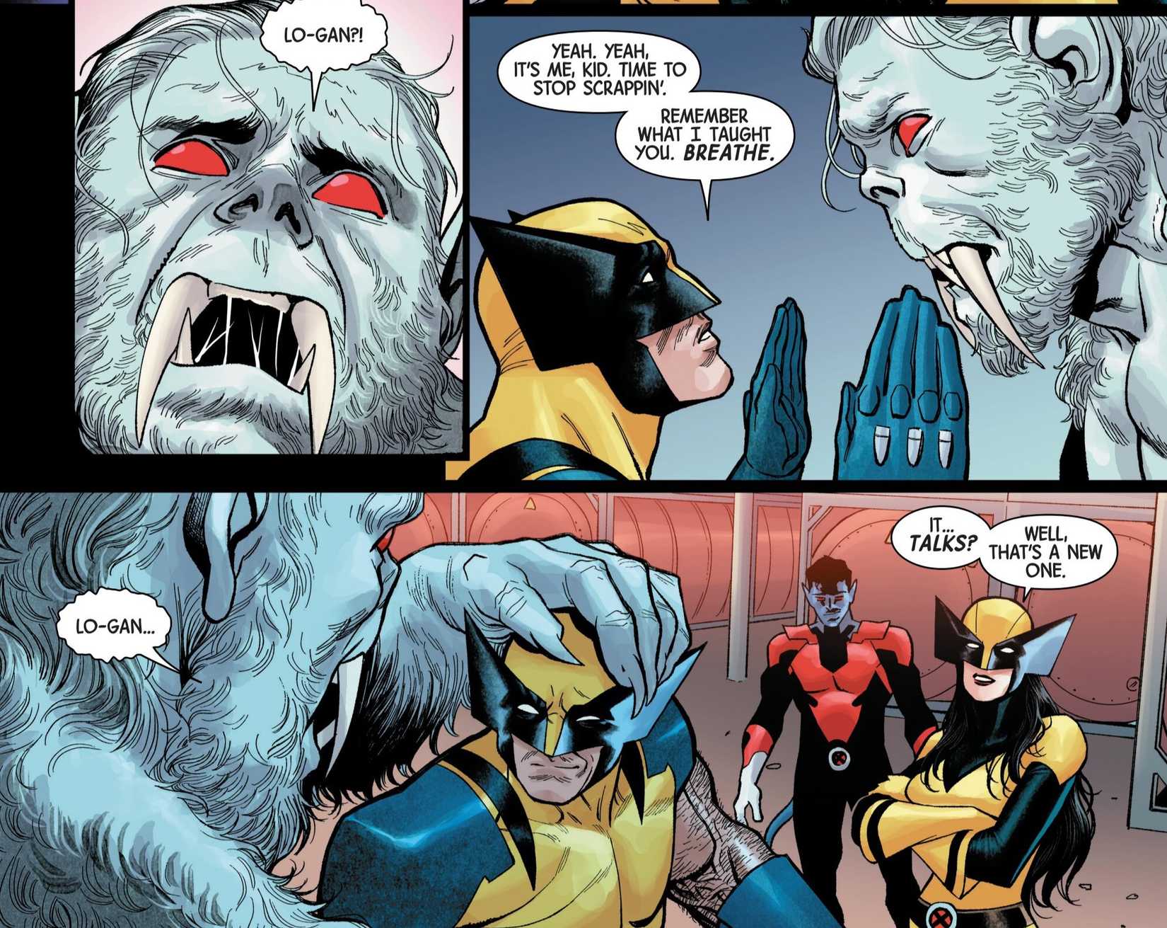 Wolverine helps Wendigo calm down.