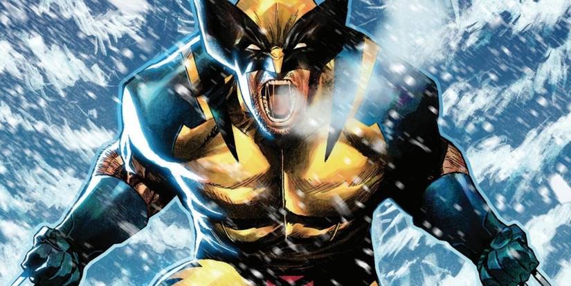 Wolverine screaming with his claws drawn in the snowy woods.