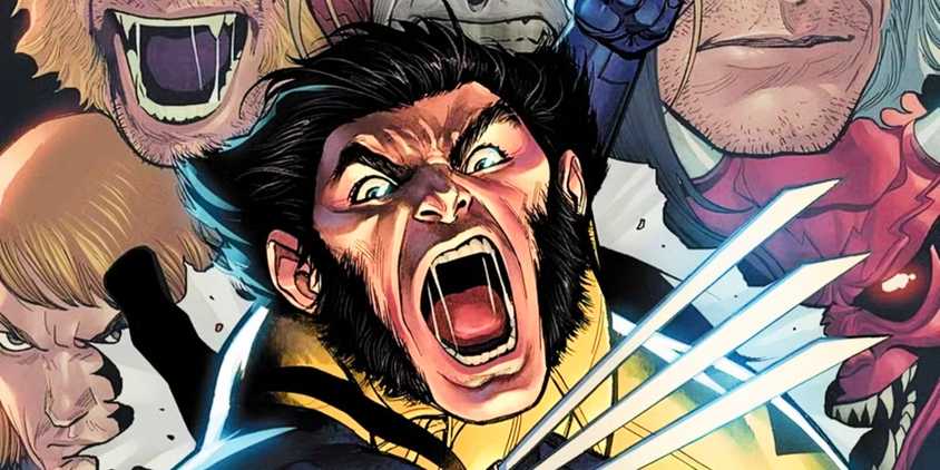 Wolverine roaring and flashing his claws, surrounded by villains (close up)