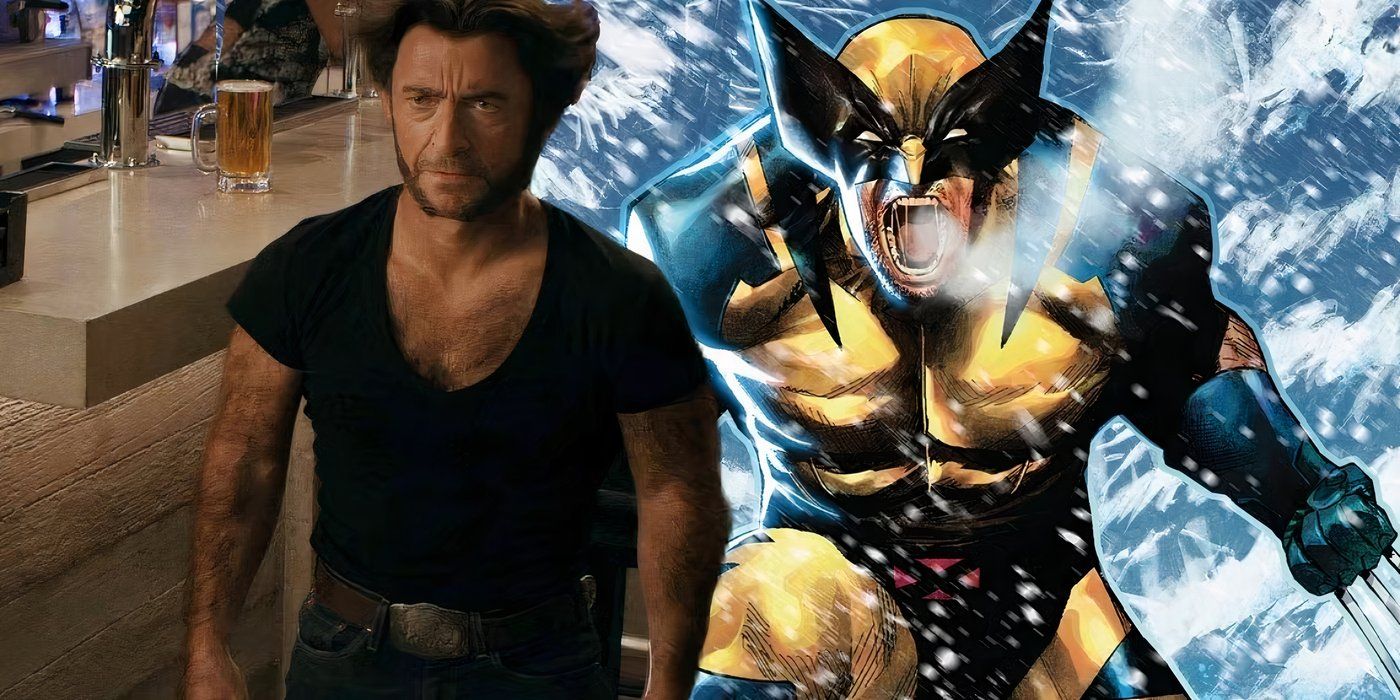 Imagem dividida: Wolverine curto de Deadpool & Wolverine da MCU e Wolverine em quadrinhos da Marvel gritando na floresta nevada.