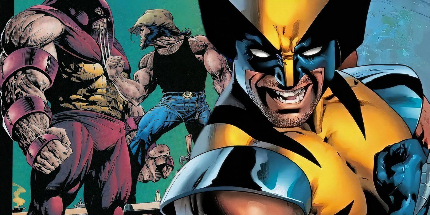 Wolverine in his yellow suit with another version of himself standing on a bar threatening the Juggernaut.
