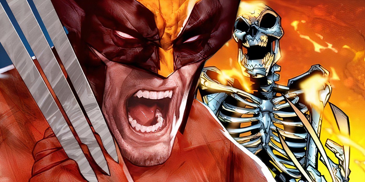 Wolverine brandishing his claws while his full adamantium skeleton is engulfed in flames behind him.