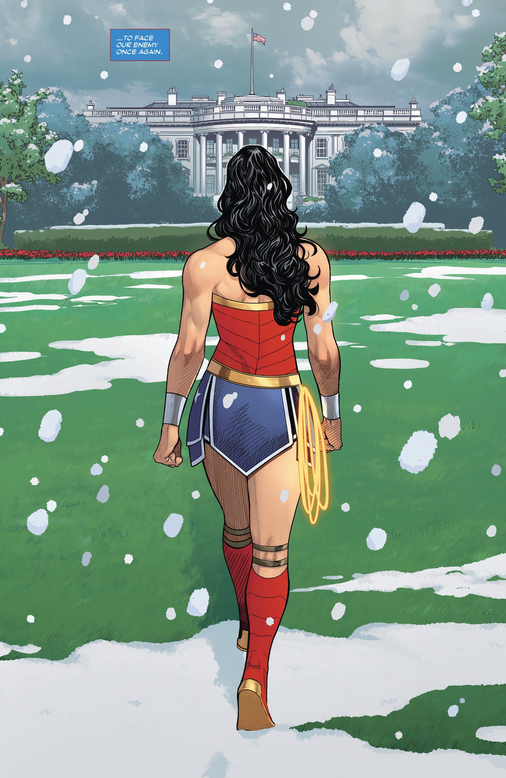 Wonder Woman strides across the White House lawn; her nemesis, The Sovereign, hides inside.