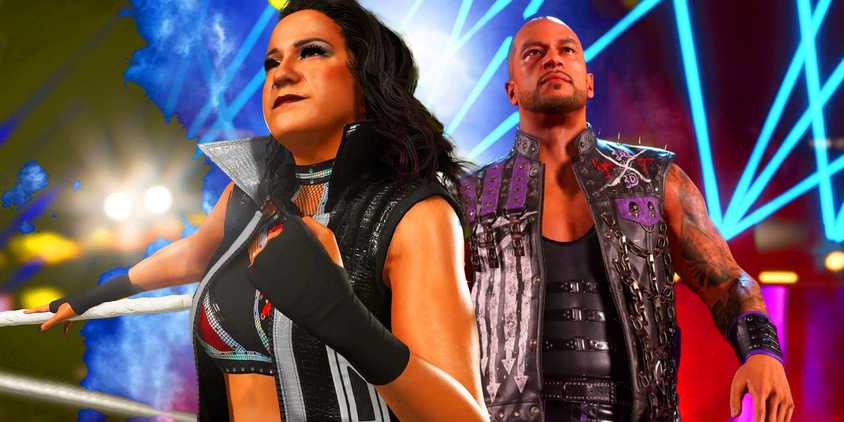 WWE 2K25 female and male wrestler next to each other over WWE background.