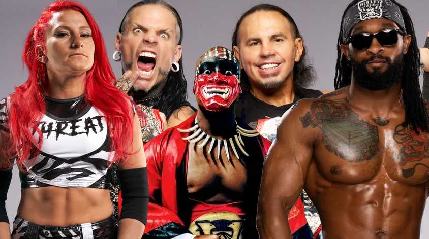 WWE TNA superstars Matt and Jeff The Hardy Boyz Jody Threat Chris Bey and Suplex Shogun Jackson Stone