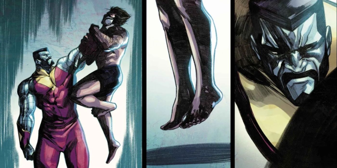 Colossus from Marvel Comics' new Ultimate Universe grabbing Wolverine by the throat.
