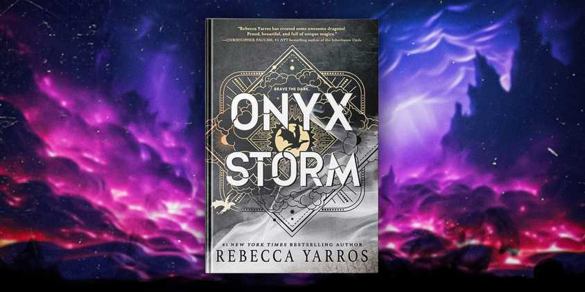 Onyx Storm by Rebecca Yarros and a background featuring dark purple and blue clouds