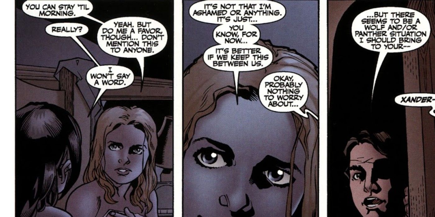 Xander Harris enters Buffy Summers and Satsu having sex in Buffy the Vampire Slayer Season #12