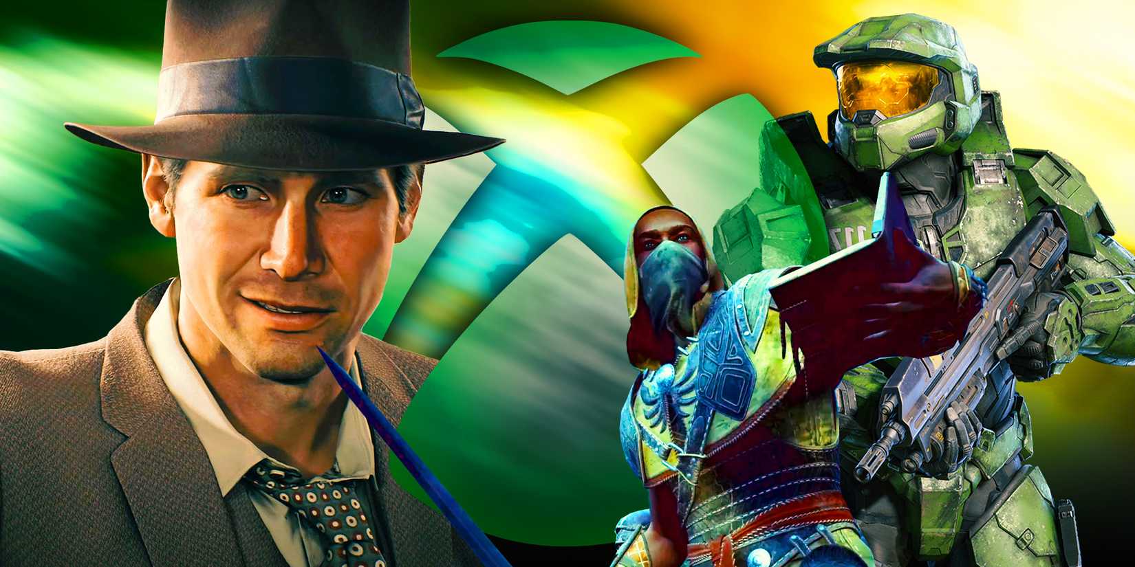 Xbox logo surrounded by characters from Avowed, Indiana Jones and the Great Circle, and Halo Infinite.