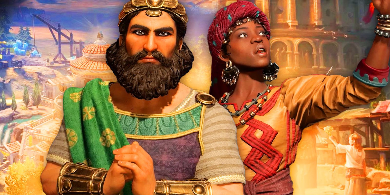 Xerxes and Amina from civilization 7 with Antiquity Age buildiings