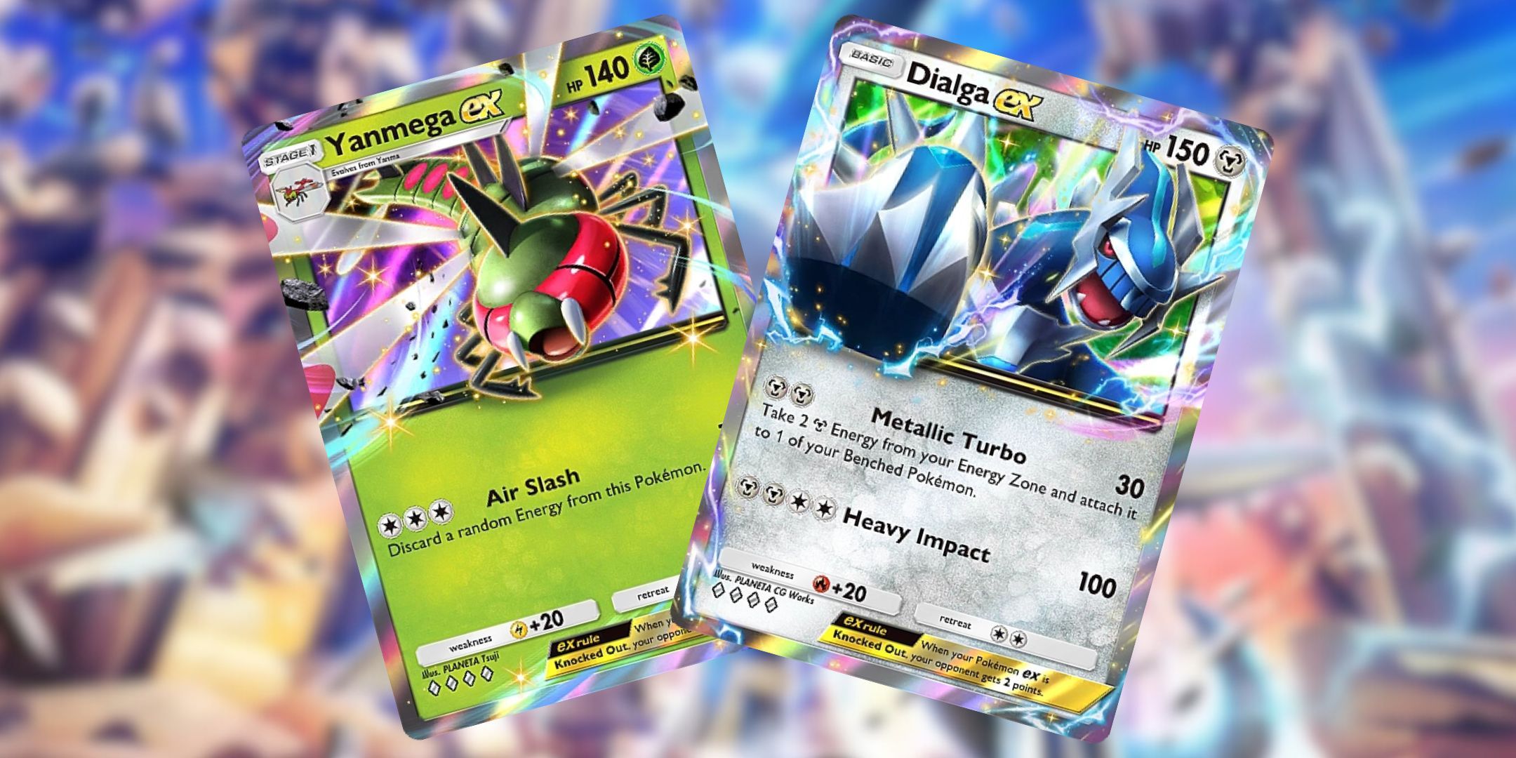 Yanmega ex and Dialga ex from Pokémon TCG Pocket.