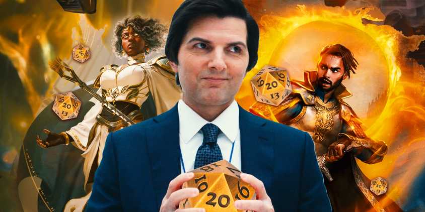 Adam Scott from Severance holding a d20 with D&D characters in the background.