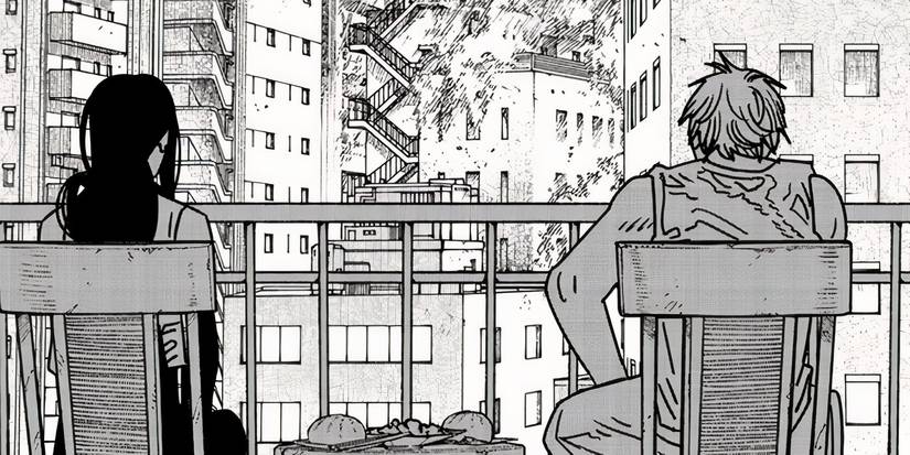 Yoru and Denji sitting together looking out into a city on fire in Chainsaw Man #192.
