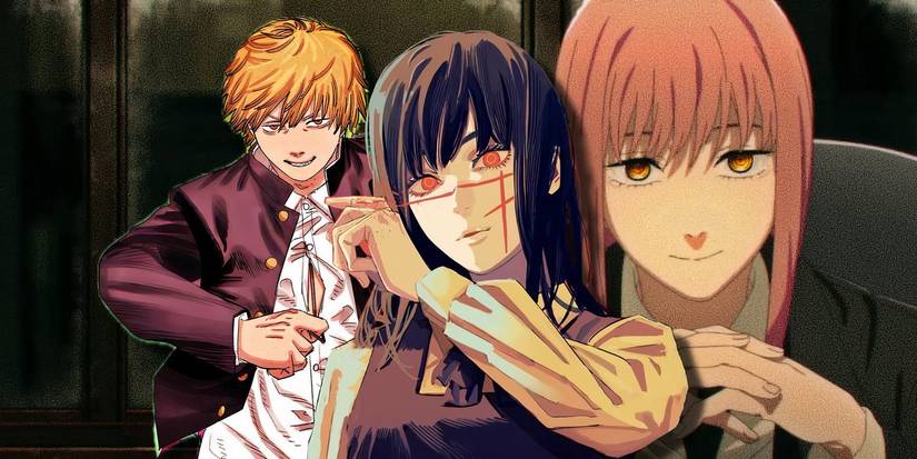 Denji and Yoru posing in front of a still image of Makima from the Chainsaw Man anime.