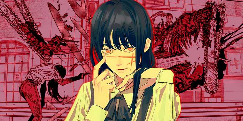 Yoru posing in front of artwork from her fight with Pochita in Chainsaw Man Part Two.