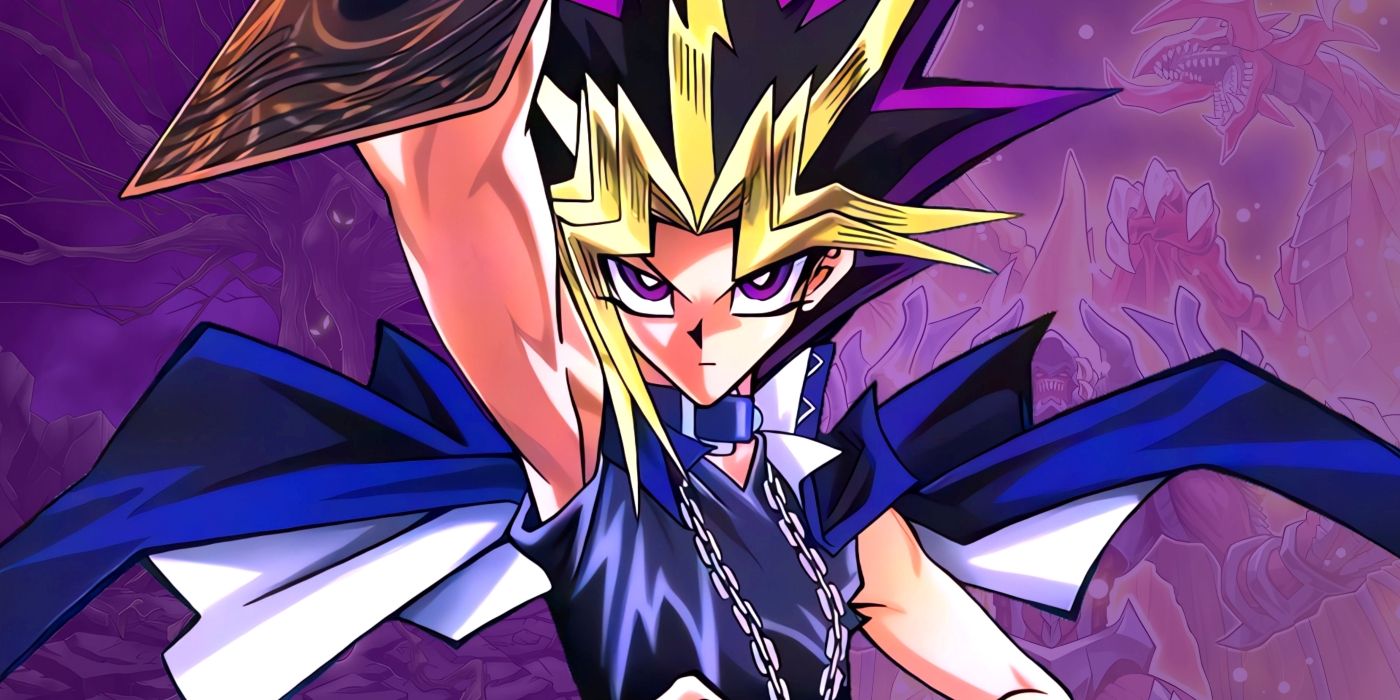 Yugi holding a card during one of his duels. Behind him, the work of art for fallen paradise and the awakening of sacred animals can be seen. 