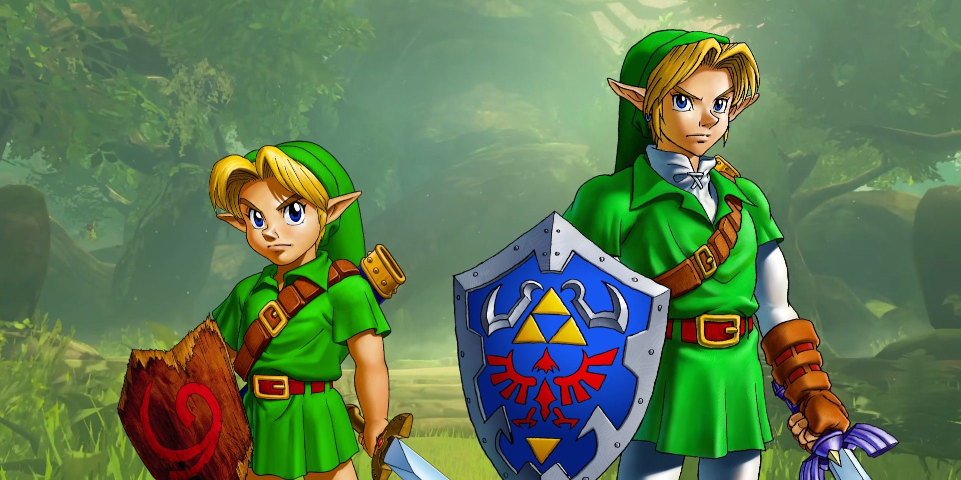 The Legend of Zelda's Child and Adult Link from Ocarina of Time with the Master Sword's forest clearing in the background.