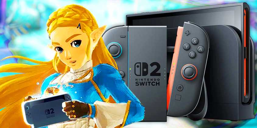 Princess Zelda holding a Nintendo Switch 2, with a larger image of the console behind her.
