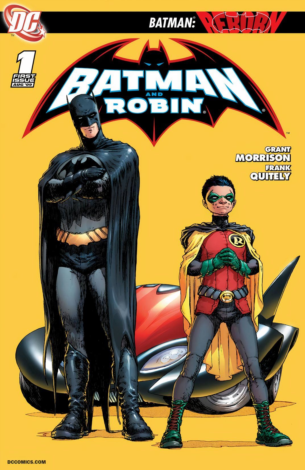 Cover to 2009&rsquo;s Batman and Robin #1, with Batman and Robin standing in front of a yellow background and the batmobile