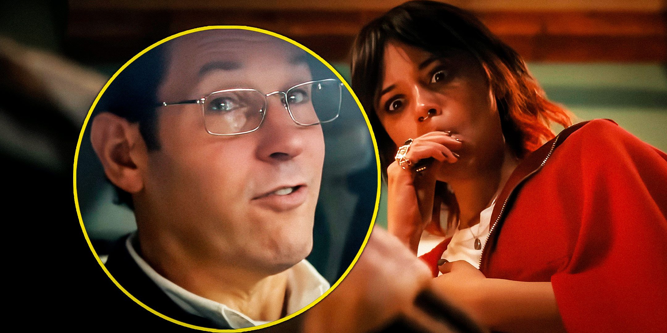 Custom image of Elliot (Paul Rudd) smiling and Ridley (Jenna Ortega) vaping in Death of a Unicorn